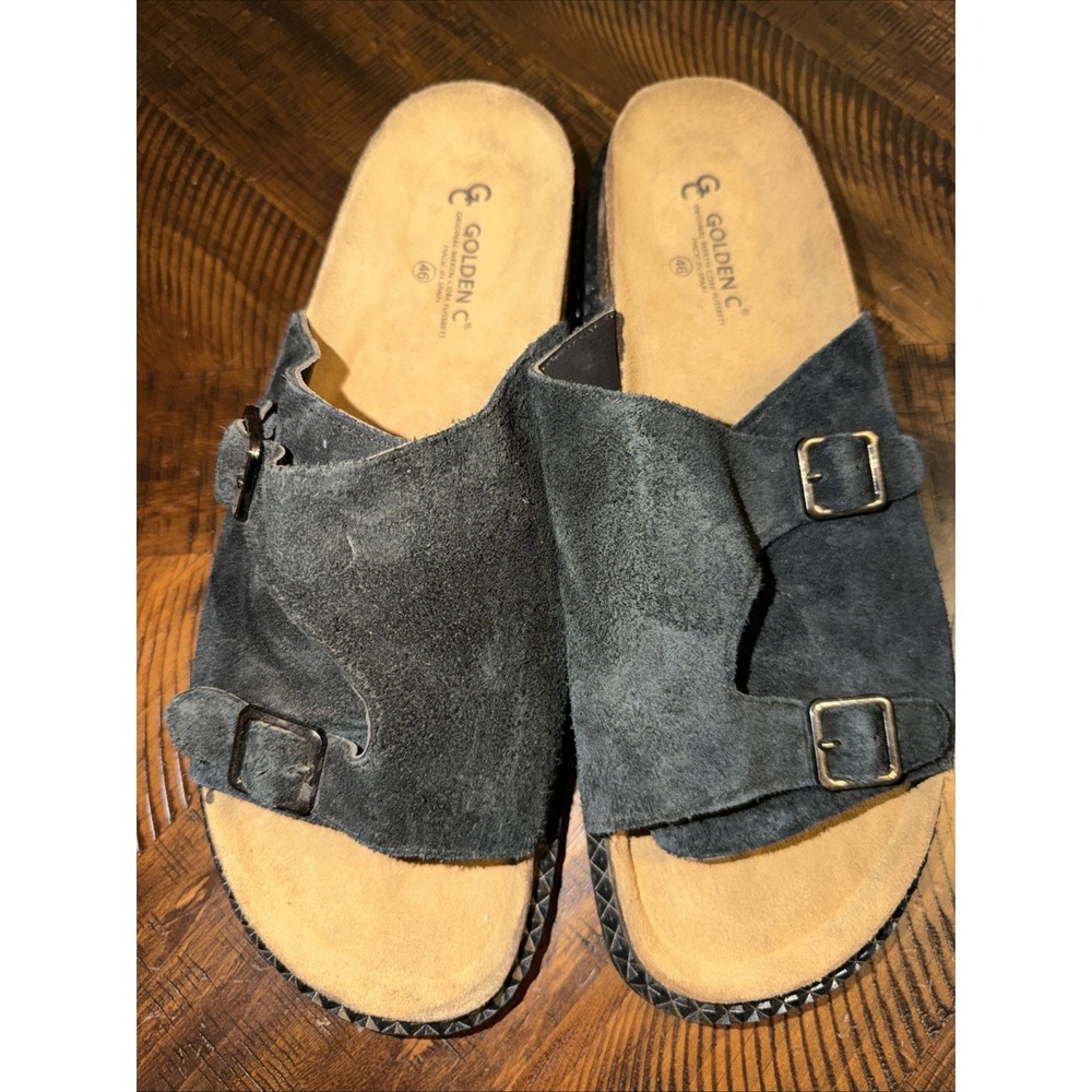 Golden C Size 46 US 13 Men Suede Sandals Black Made In Spain Never Worn